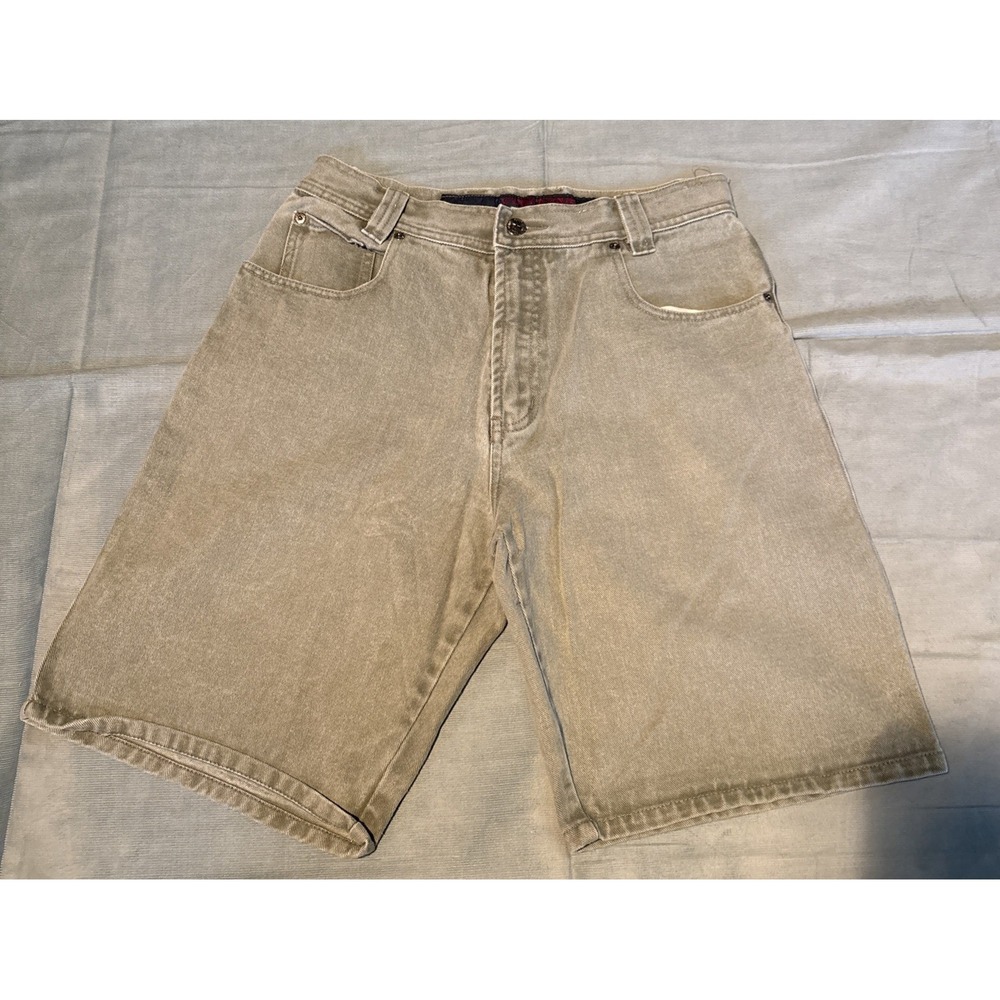 Point Zero Men Denim Shorts Size 32 Faded Olive Green Cotton Relaxed Fit Vintage